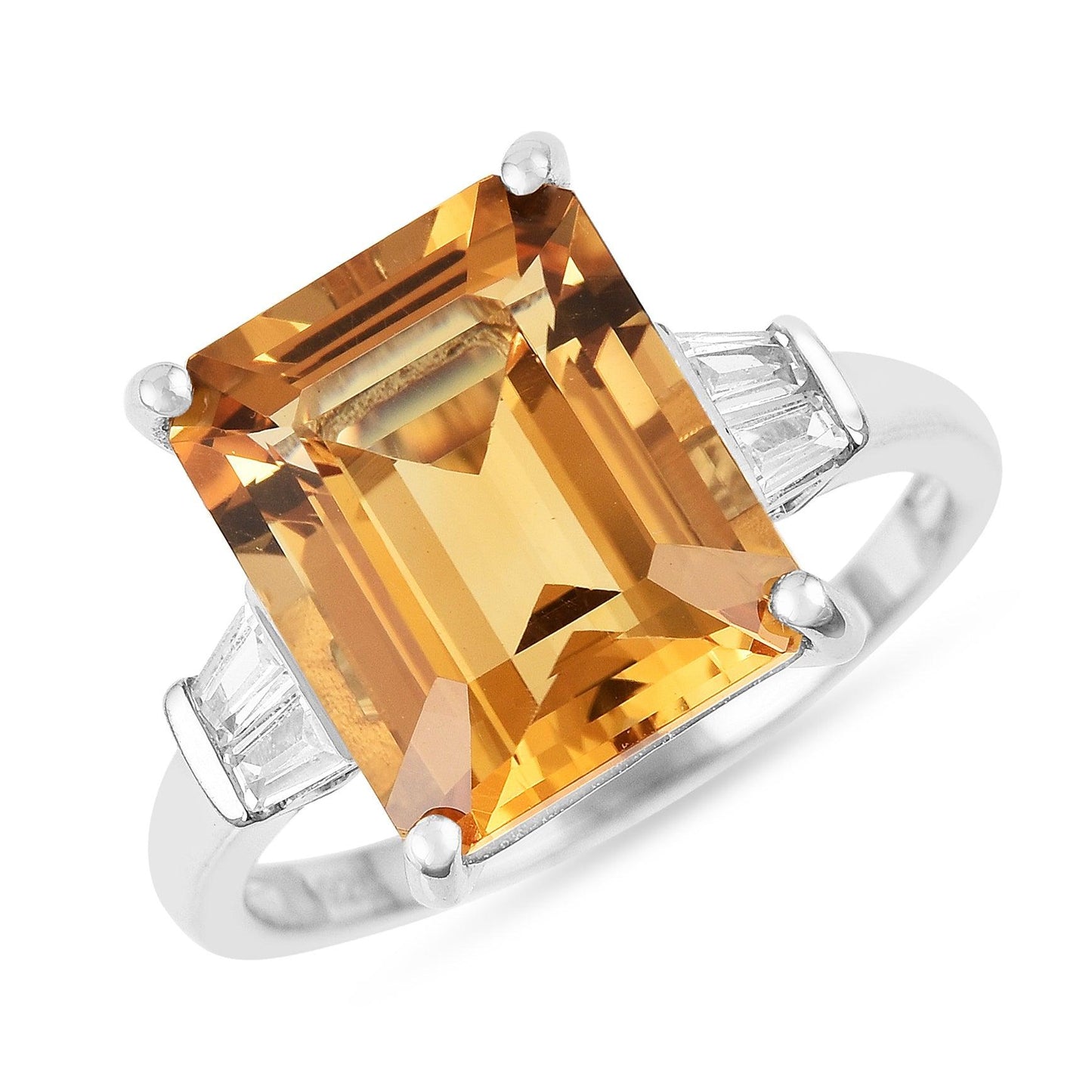 5.5 Ct Octagon Yellow Citrine and White Zircon Prong Silver Statement Solitaire Ring