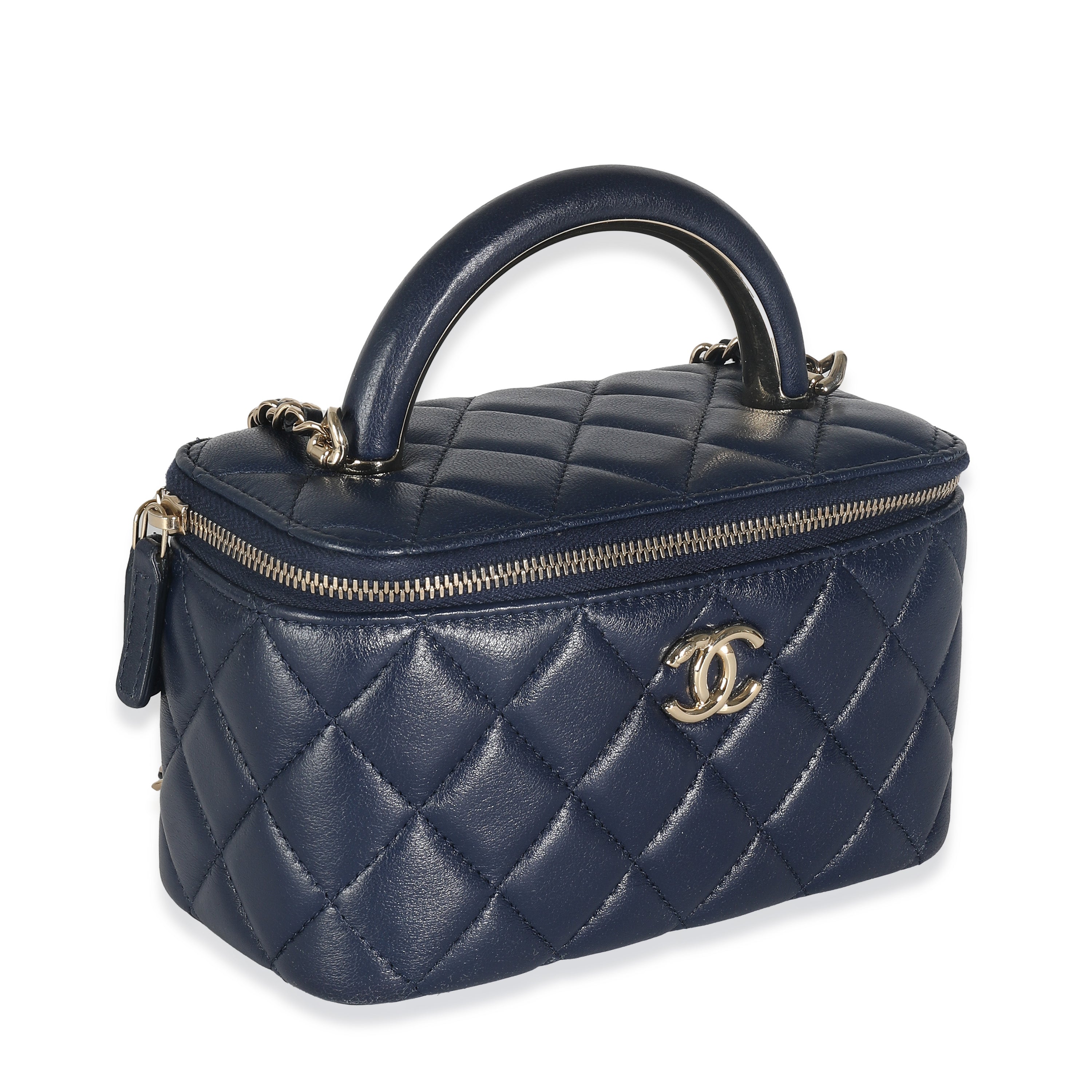 Chanel Women's Navy Quilted Lambskin Top Handle Vanity Case With
