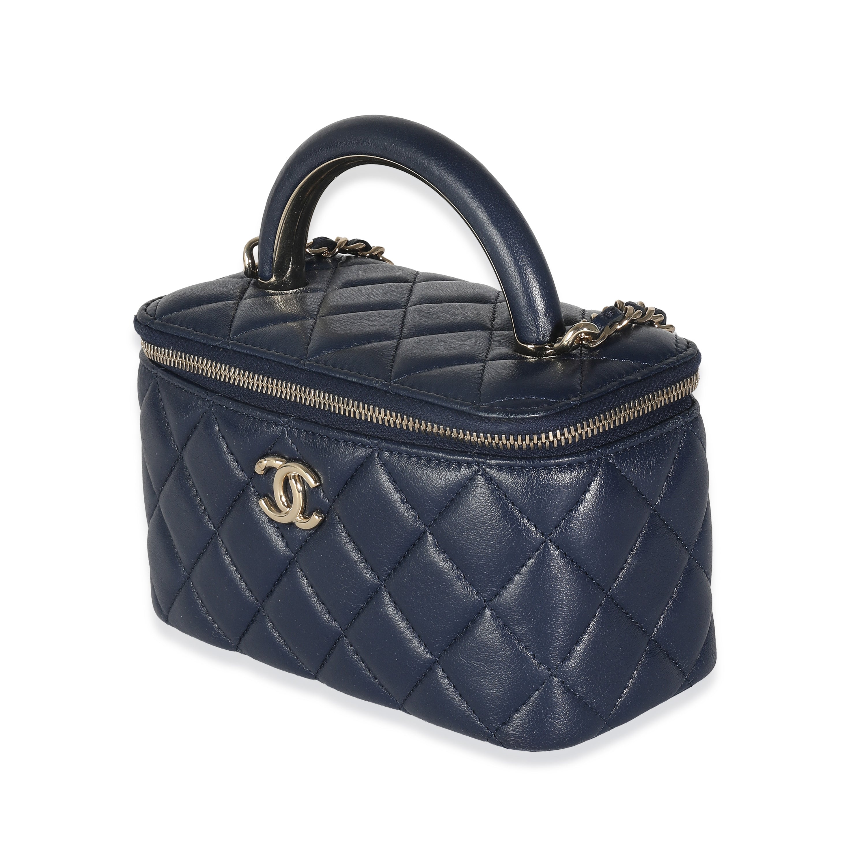 Chanel Women's Navy Quilted Lambskin Top Handle Vanity Case With