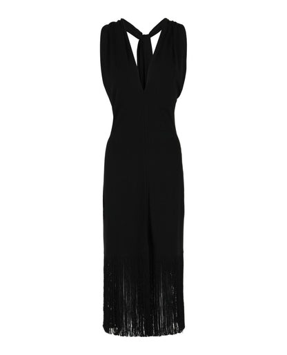 Ferragamo Plunging Sleeveless Fringe-Hem Midi Dress