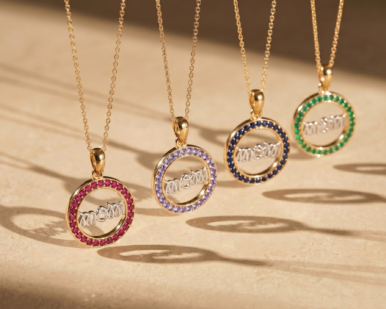 Round Pink Ruby Prong Gold Plated Silver Mom Circle Pendant Necklace