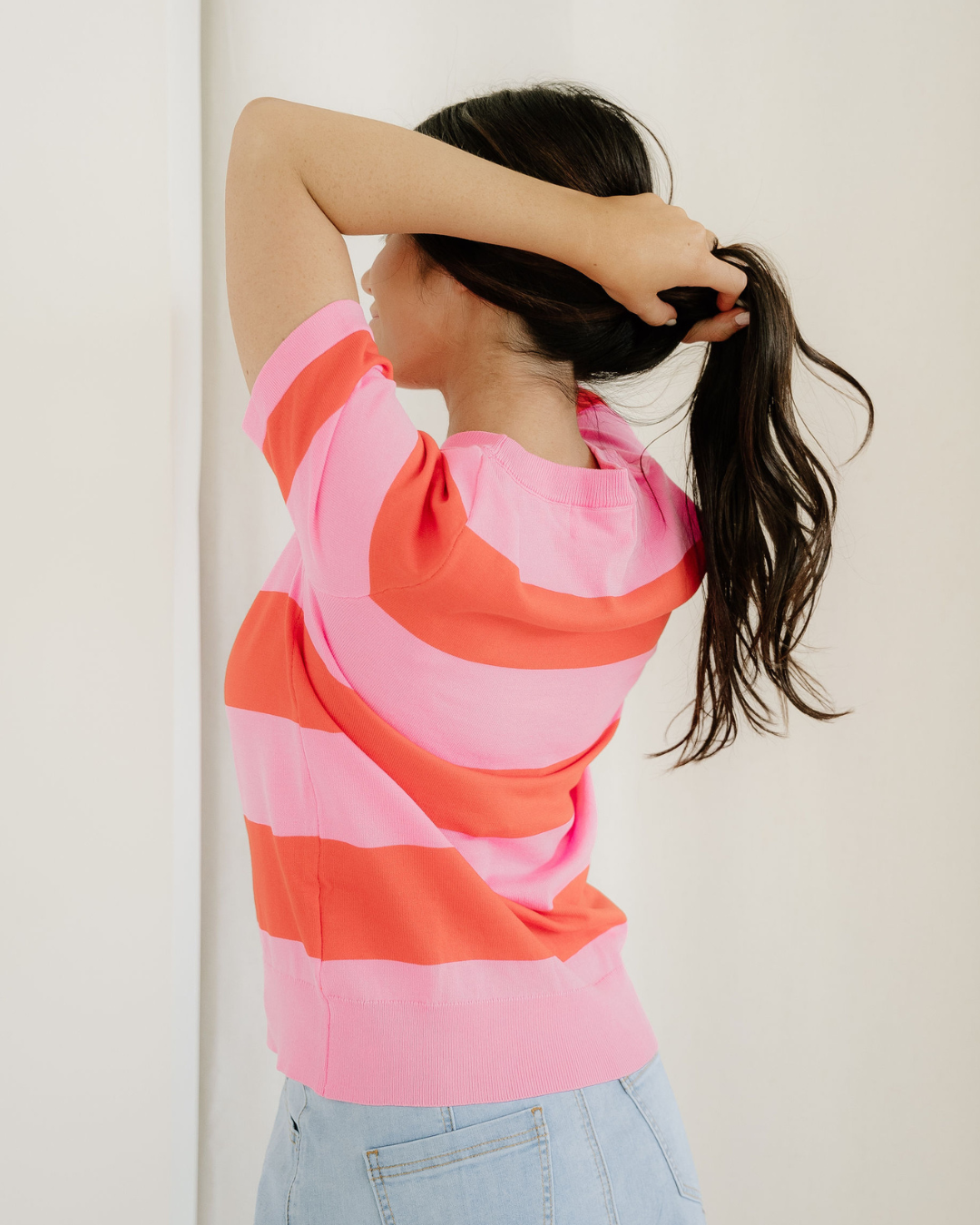 Striped Knitted Sweater Tee - Pink