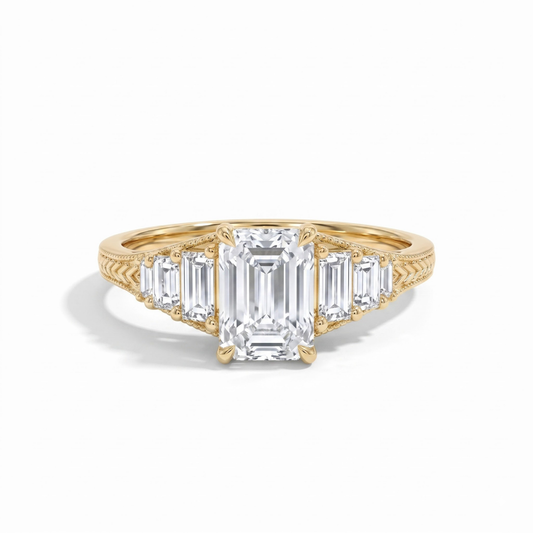 Octagon Sapphire, Emerald, Ruby and Lab Diamond 14K Yellow Gold Tapered Band Engagement Ring