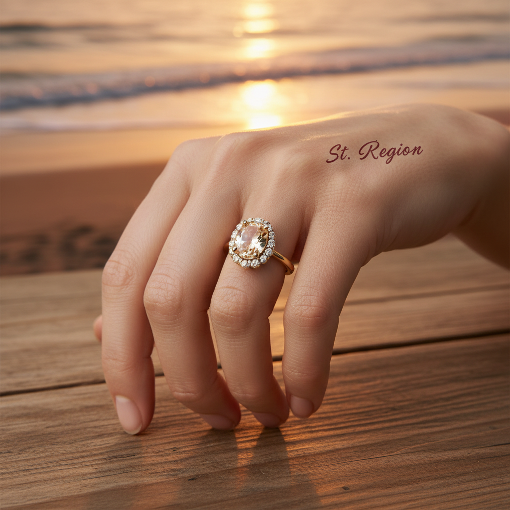 Champagne Crystal & Cubic Zirconia Pavé Halo Oval-Cut Ring