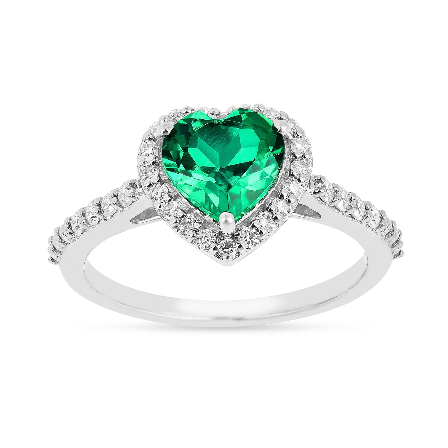 1.31 Ct Heart Green Colombian Lab Created Emerald and Moissanite Prong Silver Halo Wedding Ring