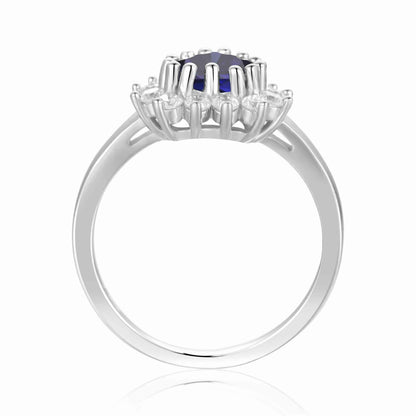 1.22 Heart Created Blue Sapphire and White Topaz Halo Ring