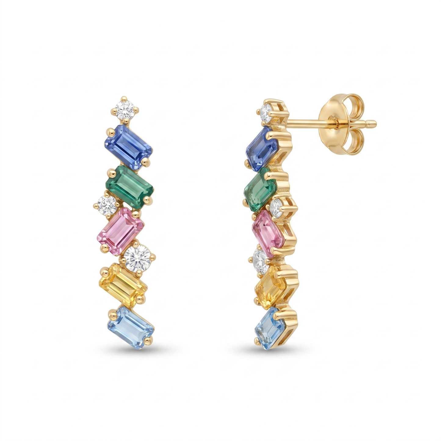 IGI Certified 0.97 Ct Multi Color Unheated Sapphire and Diamond 14K Yellow Gold Zigzag Drop Earrings