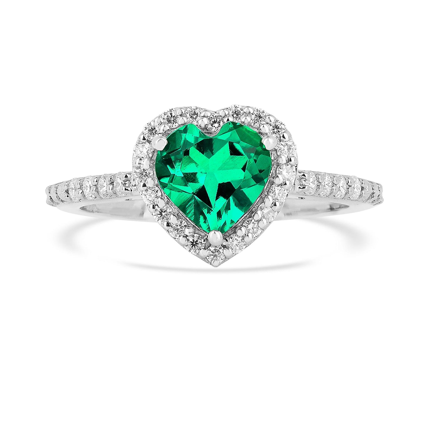 1.31 Ct Heart Green Colombian Lab Created Emerald and Moissanite Prong Silver Halo Wedding Ring