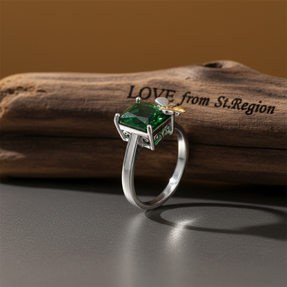 Green Crystal & Two-Tone Bee Emerald-Cut Ring