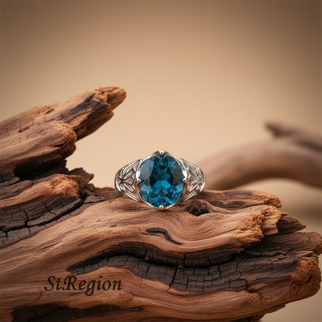 Blue Crystal & Silvertone Filigree Ring
