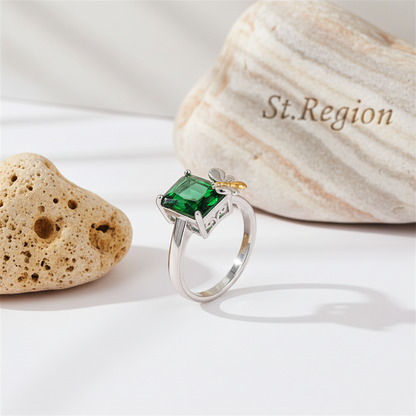 Green Crystal & Two-Tone Bee Emerald-Cut Ring