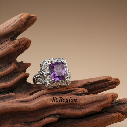 Purple Crystal & Silvertone Radiant-Cut Ring