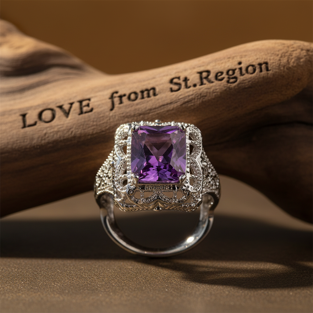 Purple Crystal & Silvertone Radiant-Cut Ring
