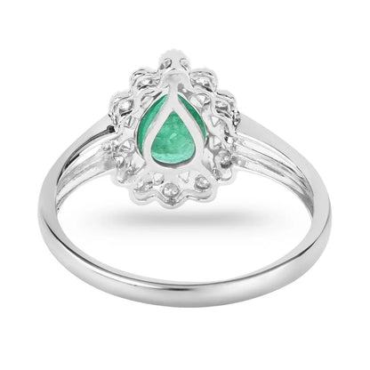 1.10 Ct Pear Green Zambian Emerald Diamond V-Prong 10k Gold Halo Statement Ring