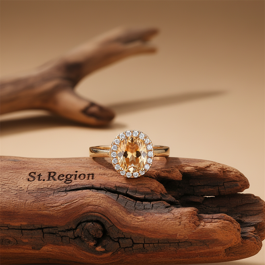 Champagne Crystal & Cubic Zirconia Pavé Halo Oval-Cut Ring