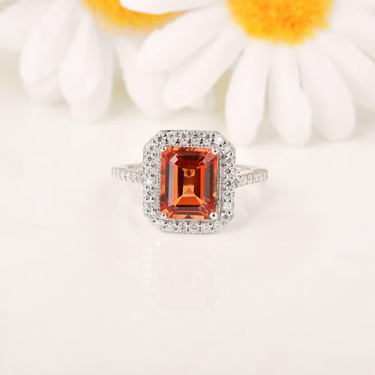3.56 Ct Octagon Lab Created Peach Sapphire and Moissanite Prong Silver Halo Statement Ring