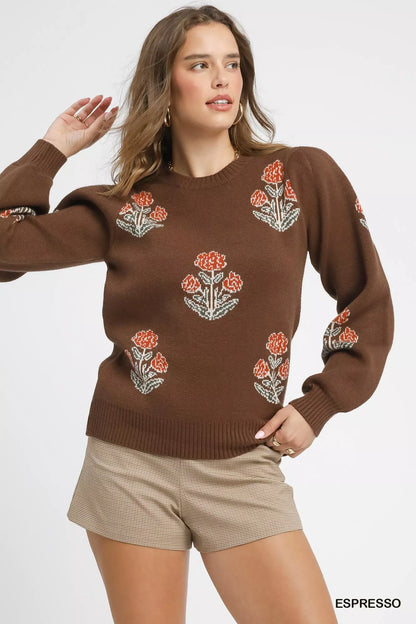 Umgee Floral Knit Sweater with Puff Sleeves