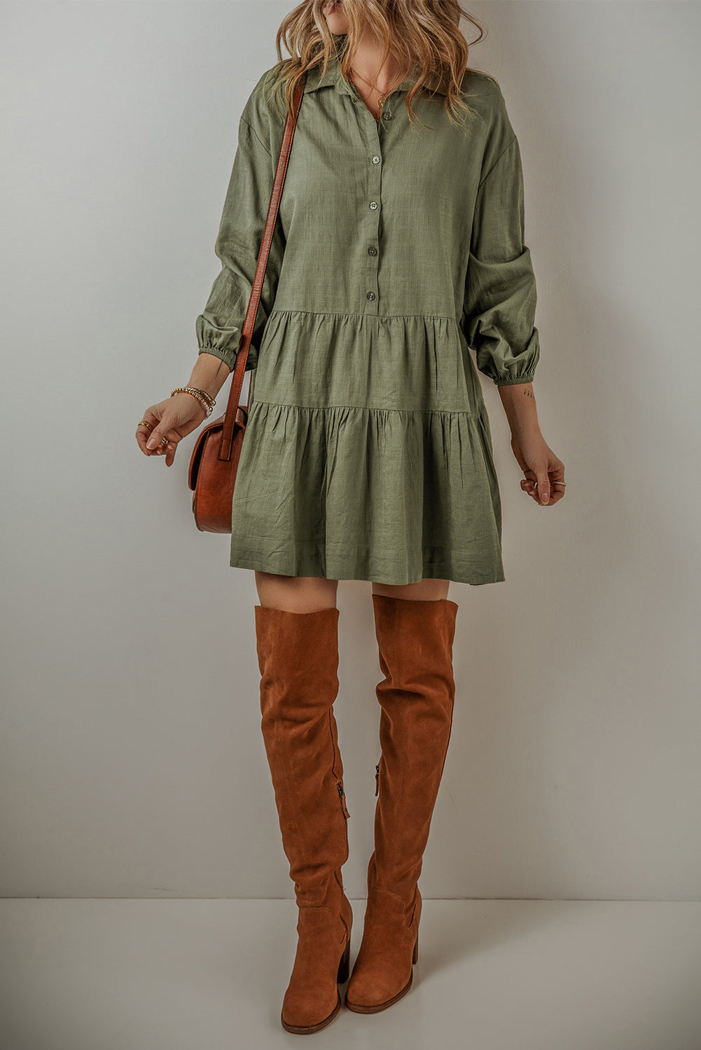 Threaded Pear Ariana Puff Sleeve Buttoned Tiered Dress