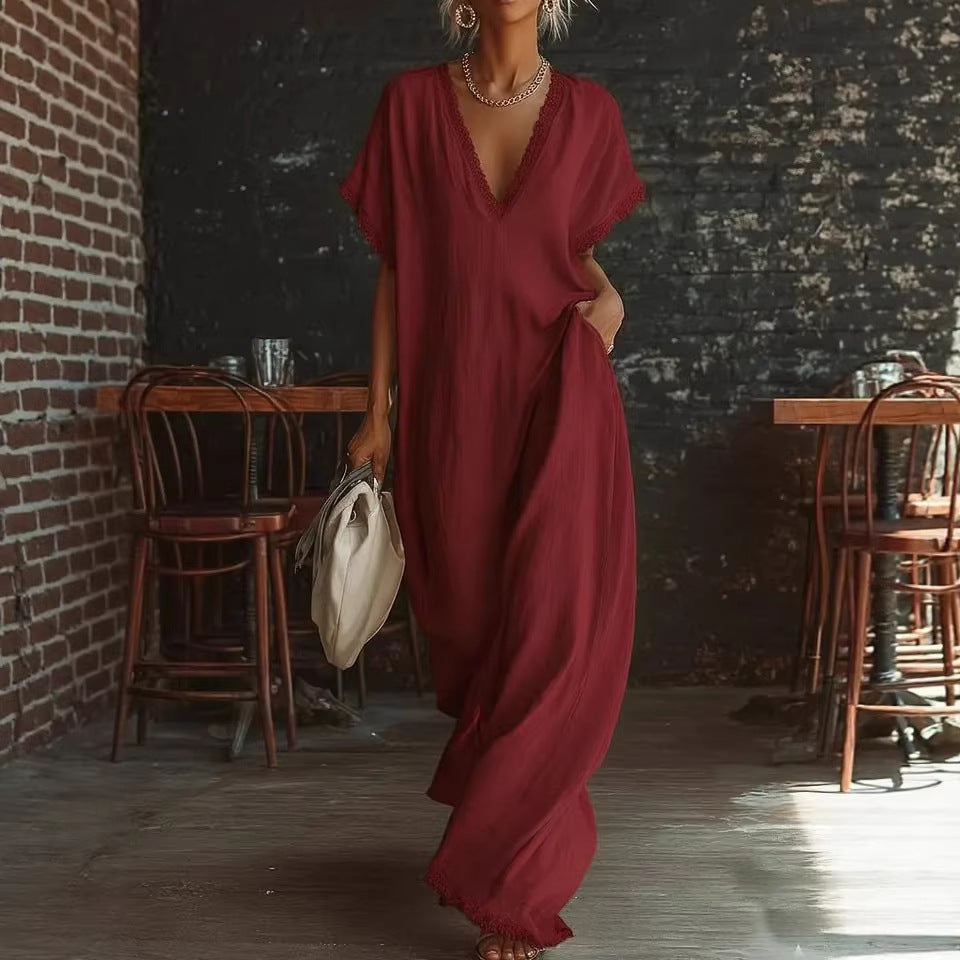 Lace-Trimmed Loose Linen Cotton Long Dress for Women Wine Red / 3XL Lace-Trimmed Loose Linen Cotton Long Dress for Women Wine Red / 3XL