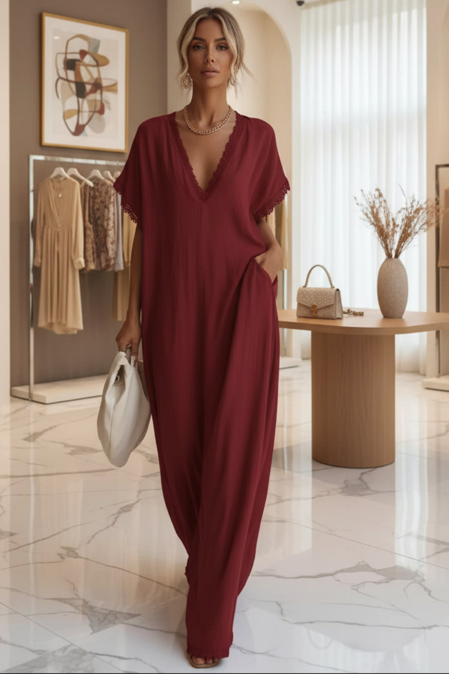 Women's Deep V-Neck Batwing Sleeve Lace-Trim Kaftan Maxi Dress