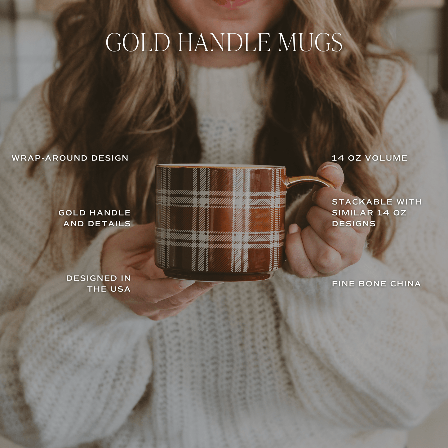 Navy Plaid 14 oz Gold Handle Coffee Mug