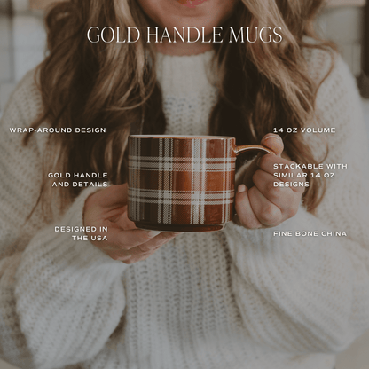 Orange Navy Plaid 14 oz Gold Handle Coffee Mug