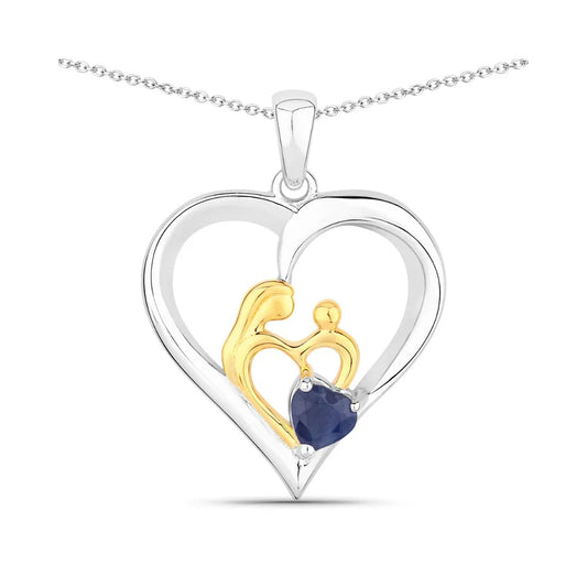 0.50 CTTW Heart Blue Sapphire Prong Silver Mom Pendant Necklace
