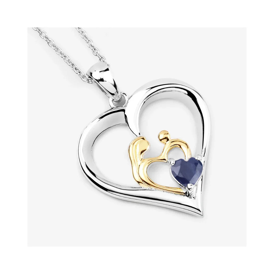 0.50 CTTW Heart Blue Sapphire Prong Silver Mom Pendant Necklace