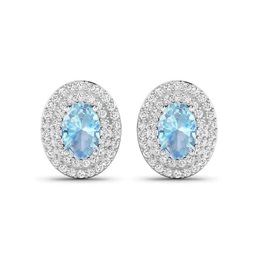 Genuine Aquamarine and Diamond Halo Stud Earrings