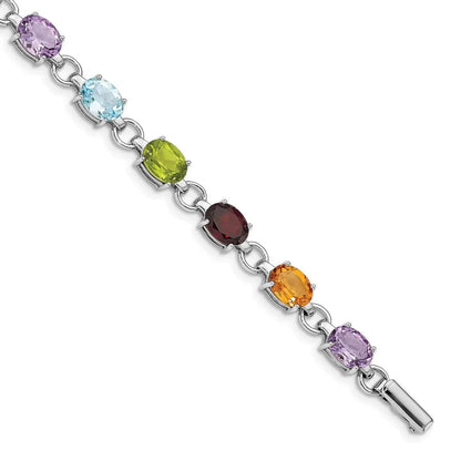 Oval Genuine Multi Stone Silver Bracelet