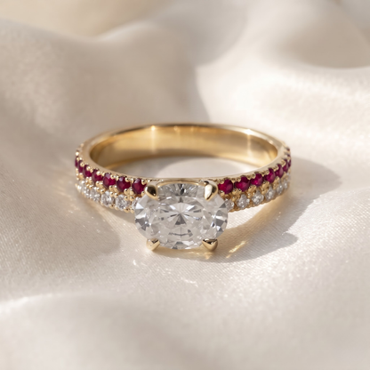 1.27 Cttw Oval Lab Grown Diamond Double Row Pave Band 14k Yellow Gold Engagement Ring