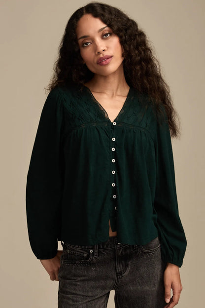 Lucky Brand Women's Lace Yoke Peasant Top - Magical Forest