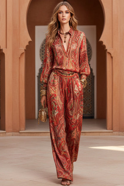 Women's Paisley Print Deep V Fringe Blouse & Wide-Leg Palazzo Pants Set