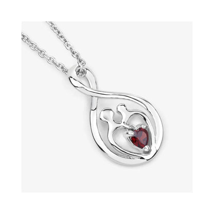 0.14 CTTW Heart Red Garnet Prong Silver Mom Infinity Pendant Necklace