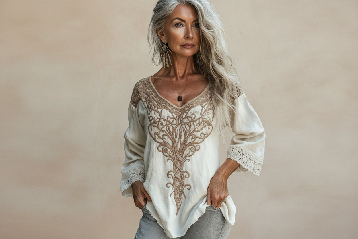 Ethnic Style Embroidered Fringe V-Neck Resort Top