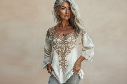 Ethnic Style Embroidered Fringe V-Neck Resort Top