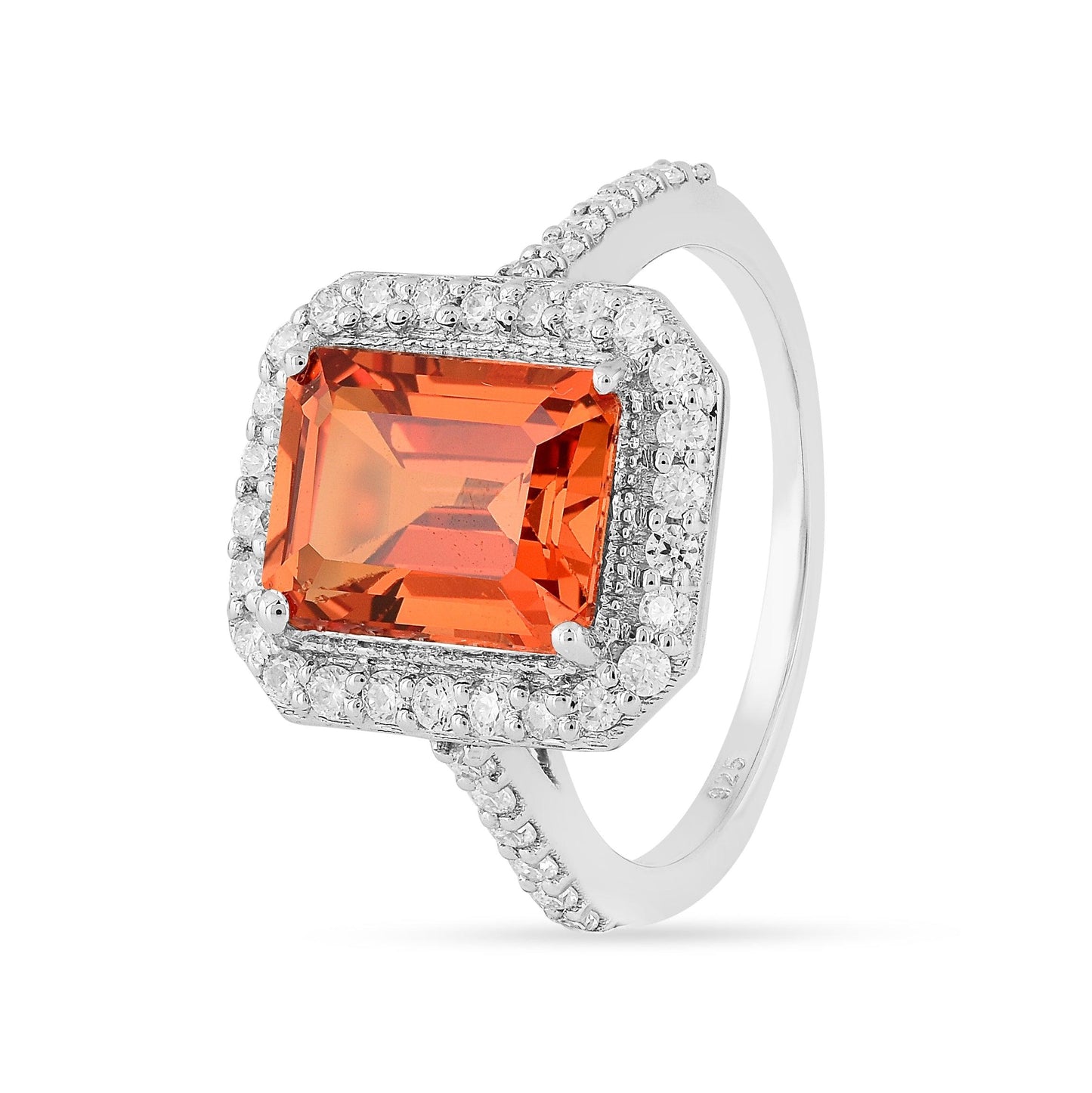 3.56 Ct Octagon Lab Created Peach Sapphire and Moissanite Prong Silver Halo Statement Ring