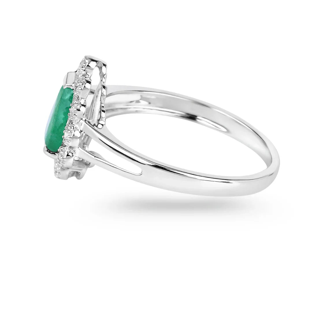 1.10 Ct Pear Green Zambian Emerald Diamond V-Prong 10k Gold Halo Statement Ring