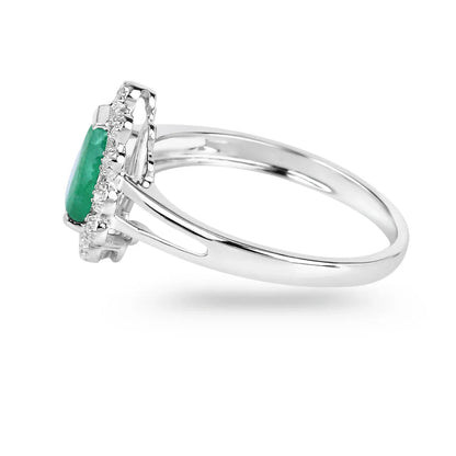 1.10 Ct Pear Green Zambian Emerald Diamond V-Prong 10k Gold Halo Statement Ring