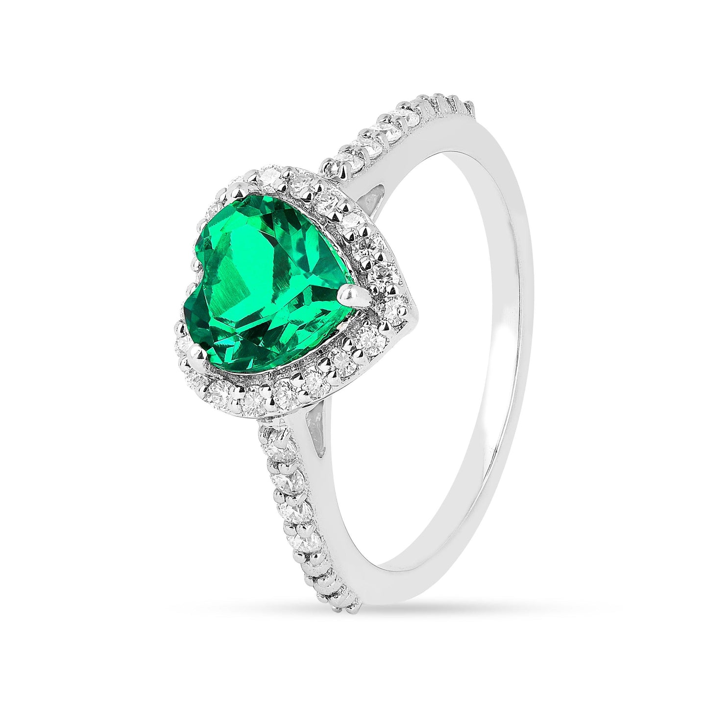 1.31 Ct Heart Green Colombian Lab Created Emerald and Moissanite Prong Silver Halo Wedding Ring