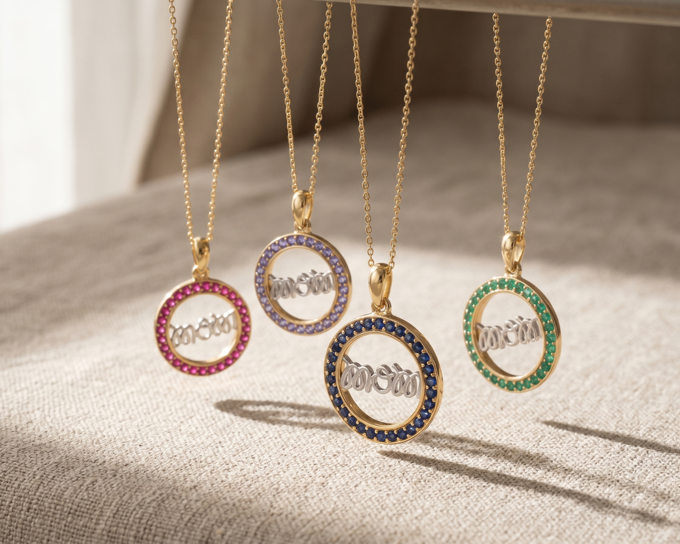 Round Green Emerald Prong Gold Plated Silver Mom Circle Pendant Necklace