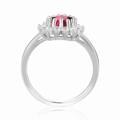 0.94 Ct Heart Red Lab Created Ruby Prong Silver Halo Ring