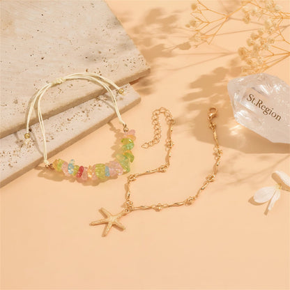 Multi-Colored Quartz & Polyster Goldtone Starfish Charm Anklet Set