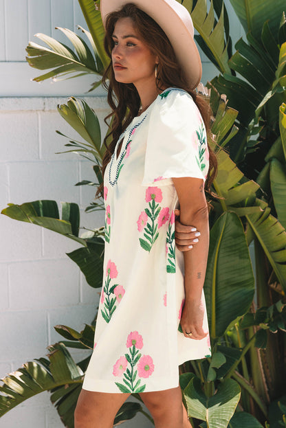 Threaded Pear Paloma Floral Short Sleeve Split Neck Loose Mini Dress
