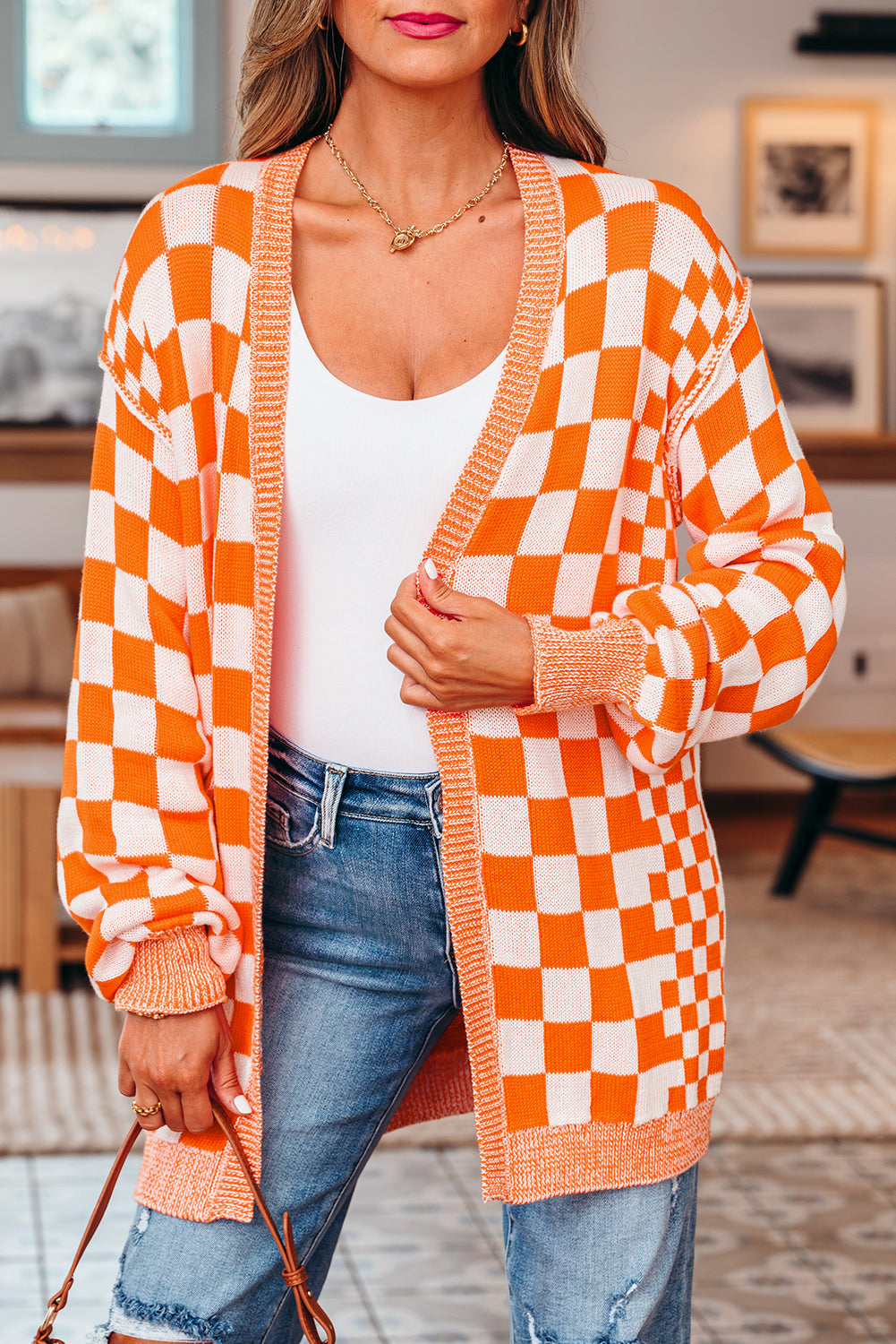 Threaded Pear Wrenley Checkered Open Front Drop Shoulder Cardigan