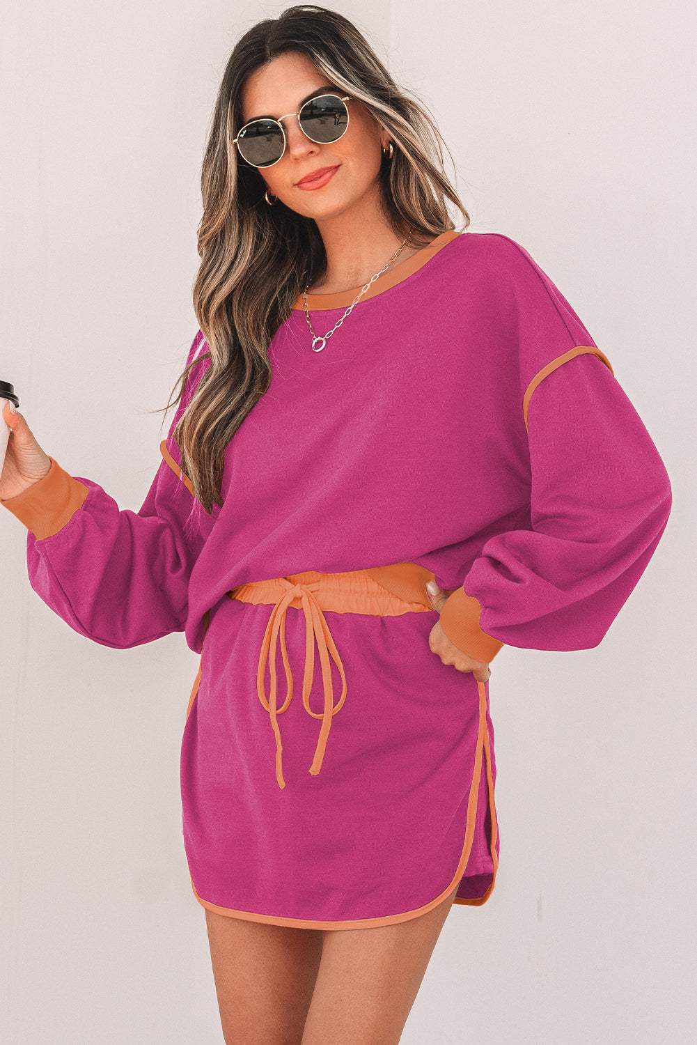 Violeta Loose Pullover and Lace-up Waist Skort Set - Threaded Pear