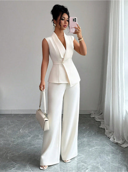 Women's Peplum Sleeveless Blazer & Wide-Leg Pants Two-Piece Set
