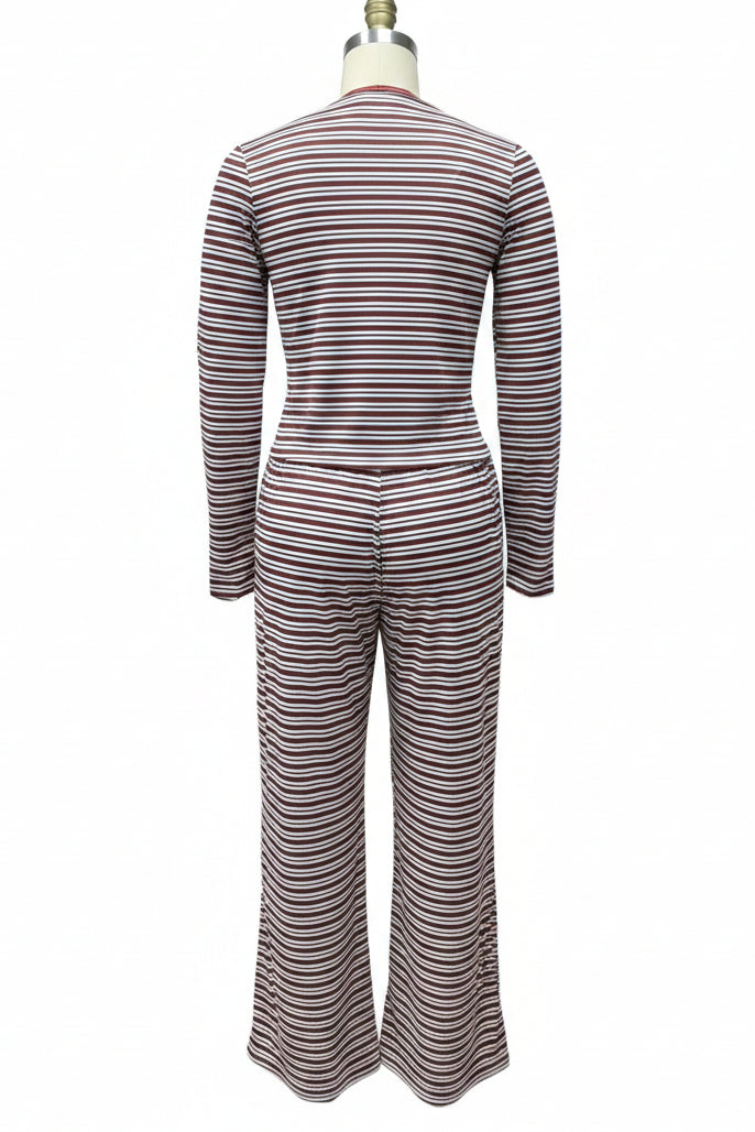 Women's Stripe Fitted Button-Front Crop Top & Drawstring Wide-Leg Pants Set