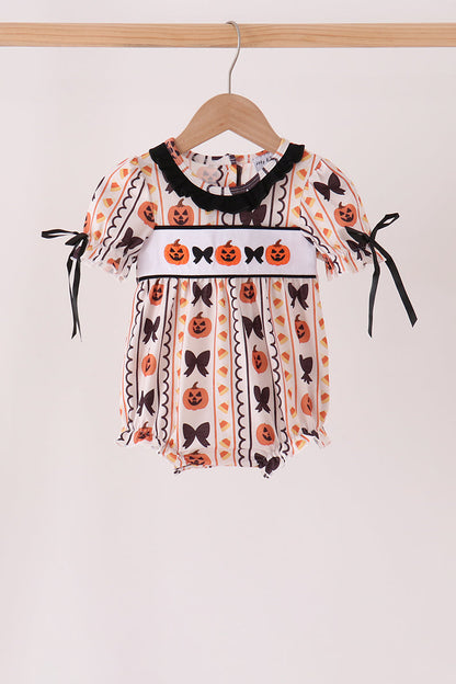 Pumpkin Bow Embroidery Ruffle Bubble