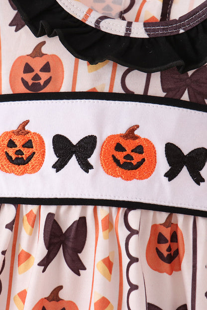 Pumpkin Bow Embroidery Ruffle Bubble